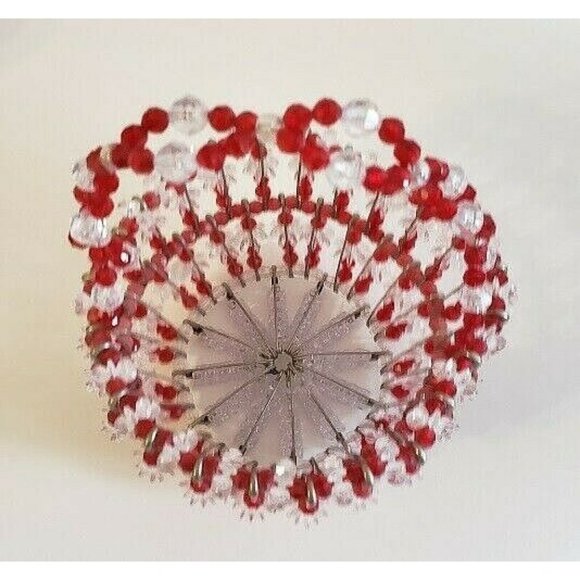 Tramp Art Beaded Safety Pin Crafted Red Clear Beads Basket 10" x 21" round - Picture 3 of 5